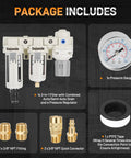 Package includes components of Three Eighths Inch NPT Air Compressor Filter Dryer With Auto And Semi Auto Dual Drain.
