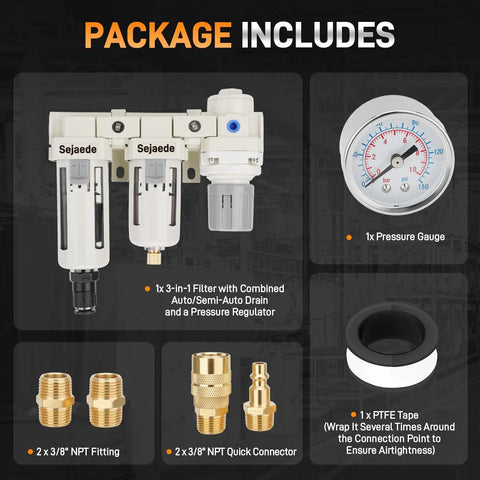 Package includes components of Three Eighths Inch NPT Air Compressor Filter Dryer With Auto And Semi Auto Dual Drain.