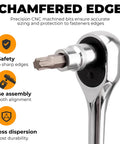 Close-up of precision chamfered edge on ratchet from 64-Piece Torx Socket Set With Three Drives, featuring S2 tool steel and CR-V.