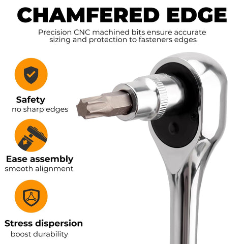 Close-up of precision chamfered edge on ratchet from 64-Piece Torx Socket Set With Three Drives, featuring S2 tool steel and CR-V.