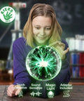 Child interacting with a 7 Inch Green Plasma Ball Touch Sensitive Nebula Thunder Lightning Globe Plug In for home decor.