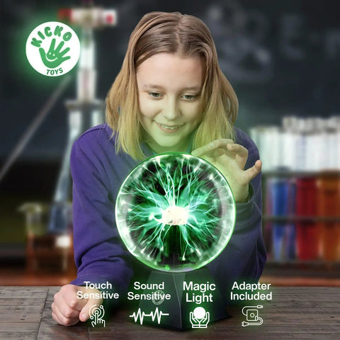 Child interacting with a 7 Inch Green Plasma Ball Touch Sensitive Nebula Thunder Lightning Globe Plug In for home decor.
