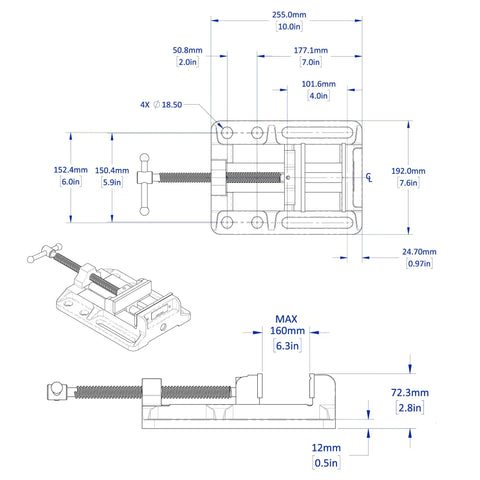 Technical diagram of Heavy Duty Drill Press Vise Six Point Three Inch Opening Rock Solid With 3000 Lb Clamping Force SBV388