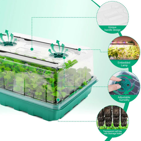 96 Cell Seed Starter Tray With Grow Light Kit, adjustable humidity dome, full spectrum LED, indoor greenhouse starter set