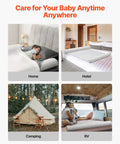 Collage showcasing 52 Inch Inflatable Toddler Bed Bumper Rail Guard With Safety Flap 2 Pack in home, hotel, camping, and RV settings.