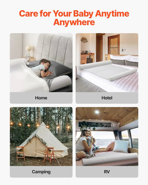 Collage showcasing 52 Inch Inflatable Toddler Bed Bumper Rail Guard With Safety Flap 2 Pack in home, hotel, camping, and RV settings.