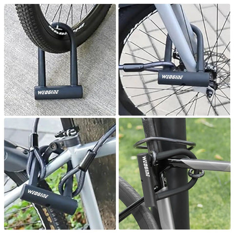 Heavy Duty Bike U Lock With 5 Foot Security Cable And 17mm Shackle securing bikes in various positions