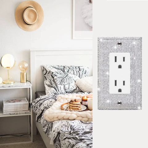Shiny Silver Rhinestones Wall Plate Cover One Piece With Crystals For Single Toggle Switches And Outlet Covers Blingy Decorative Light