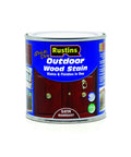 Quick Dry Outdoor Wood Stain In Rich Satin Mahogany 1L can with label showcasing stain and finish for wood protection.