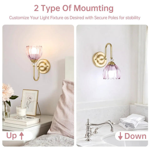 Pair Of Vintage Battery Powered Wall Sconces With Massive 5000Mah Cell And Smart Remote Dimmable Tulip Pink Shades Zero Wiring Headaches Smooth Setup Perfect For Bedroom Or Living Room Vibes mounted up and down showing versatility.