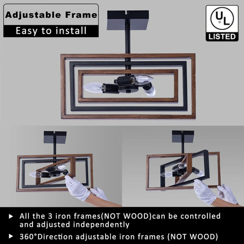 Dope Industrial Rectangle Flush Mount Ceiling Light With Rotatable Metal Frame In Rustic Faux Wood Finish, adjustable arms