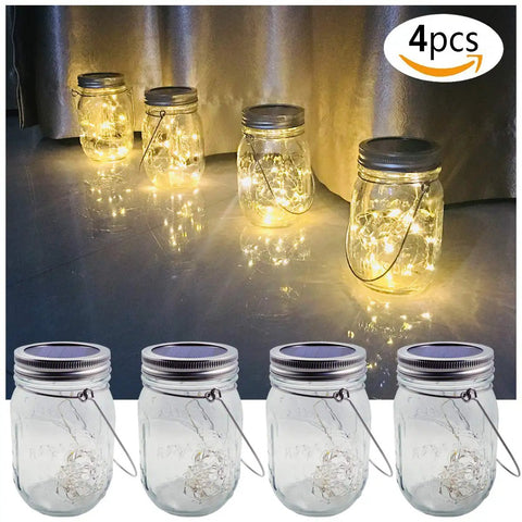 Dope Solar Mason Jar Lights 4 Pack With 30 LEDs Waterproof Fairy String Lights for patio and garden decor, warm white glow.