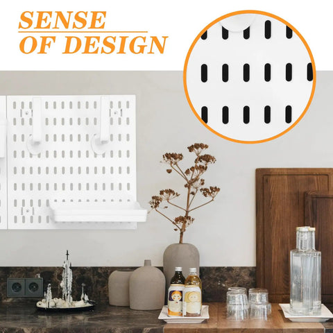 Medium Size Nail Free Wall Pegboard Organizer With Heavy Duty Hooks And Solid Wood Panel, white design on wall with kitchen decor.