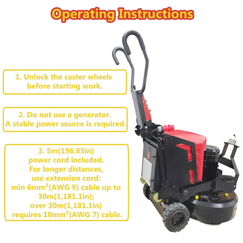 Beefy 12 Head Concrete Floor Grinder With Planetary System 220V, side view showing operating instructions on yellow overlay.