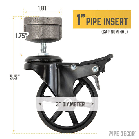 Heavy Duty Thread On Swivel Caster Wheels For One Inch Pipe Base With Sure Locking Brake Mechanism, 3 inch diameter wheel