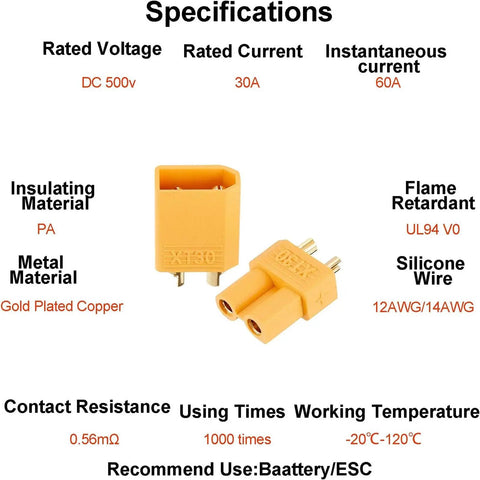 XT30 Battery Connector Kit With 60 Connectors 30 Male And 30 Female Plus Heat Shrink Tubing For RC Drones Cars Boats And ESCs Gold Plated Nylon Bullet Plugs Perfect For Hobbyists And Pros specifications