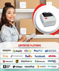 Woman with clipboard next to Solid 4x6 Direct Thermal Shipping Label Printer Plug And Play For Windows Mac Chromebook Android.