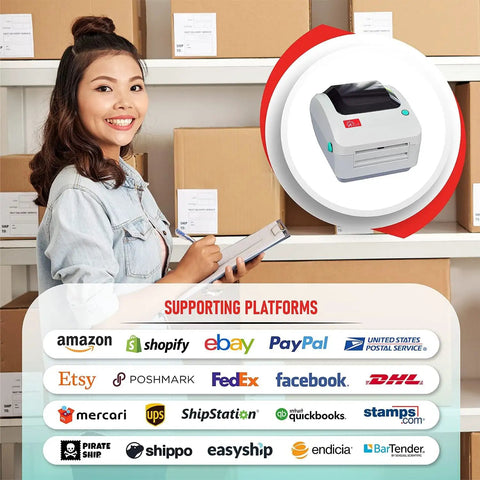 Woman with clipboard next to Solid 4x6 Direct Thermal Shipping Label Printer Plug And Play For Windows Mac Chromebook Android.