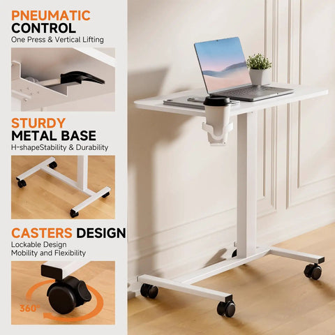 Adjustable Pneumatic Standing Desk On Wheels With Lockable Casters Mobile Laptop Desk Overbed Bedside Table For Home Office 28 Inch Wide By 16 Inch Deep White, showing steel frame and wheels.