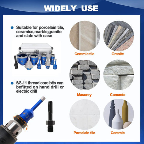 Diamond Core Drill Bit Set For Porcelain Tile Ceramic Marble Granite Drilling Includes 6mm 8mm 25mm 35mm 50mm 65mm bits shown