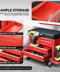 3-Drawer Rolling Mechanic Seat With Tool Tray and Storage, heavy duty metal frame, red, showcasing ample storage with cushy seat