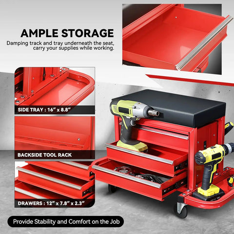 3-Drawer Rolling Mechanic Seat With Tool Tray and Storage, heavy duty metal frame, red, showcasing ample storage with cushy seat