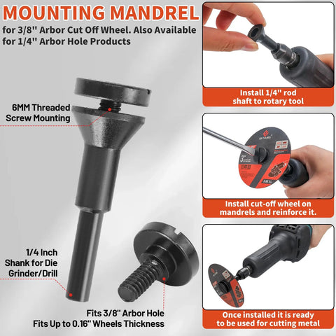Front view of SI FANG mounting mandrel with 1/4 in shank for die grinder/drill and 6 mm threaded screw, fits 3/8 in arbor wheel