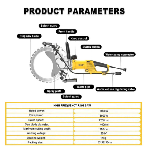 Pro Grade 5000W Brushless Electric Wall Cutting Machine With 400Mm Diamond Blade Chops Through Brick And Concrete At 2200Rpm For Rapid 29Cm Slotting and features like ring saw blade and splash guard.