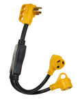 RV Power Adapter Cord 50A Male To Dual 30A Female, 2.5 Foot With Handy Grip Handle, yellow and black electrical converter
