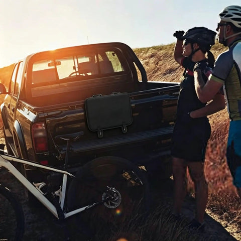 Premium Bike Tailgate Pad For Cybertruck Featuring Heavy Duty Hook And Loop Straps And Protective Cushioning mounted on a truck