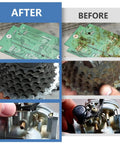 Before and after images showcasing Heavy Duty Ultrasonic Cleaner With Smart Heating And Digital Timer Settings, demonstrating cleaning results on circuit boards, cogs, and carburetors.