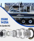 Racewill boat trailer bearing kit components with grease seals, dust caps, spacers and cotter pins (close-up)