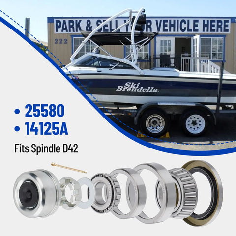 Racewill boat trailer bearing kit components with grease seals, dust caps, spacers and cotter pins (close-up)