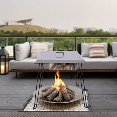 Square Fire Pit Heat Deflector Shield With Foldable Legs Stainless Steel 24x24 inches in outdoor patio setting