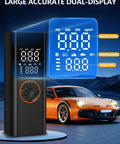Portable Tire Inflator Air Compressor With 150 PSI Cordless Convenience dual-display with car background.