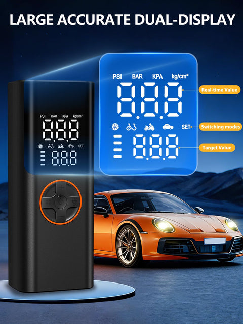 Portable Tire Inflator Air Compressor With 150 PSI Cordless Convenience dual-display with car background.