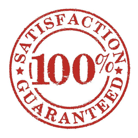Red stamp design with '100% Satisfaction Guaranteed' text in a circular format on white background.