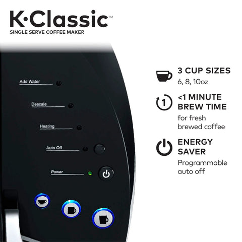 K Classic Single Serve Coffee Maker For K Cup Pods Black Finish With Removable Drip Tray control panel view