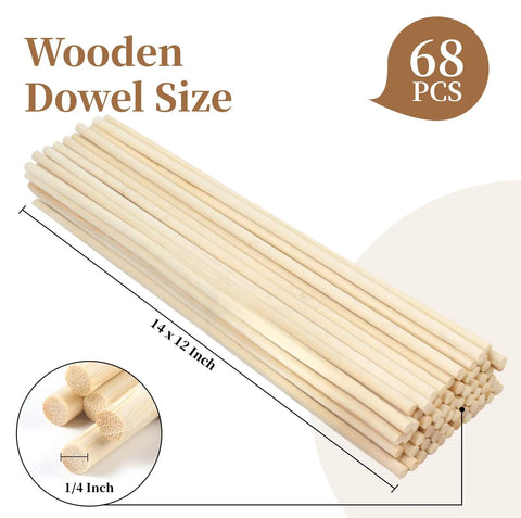68 Piece Premium Bamboo Wood Dowel Sticks Measuring Quarter By Twelve Inches displayed with size markings and smooth finish.