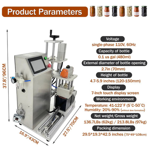 Dual Head Automatic Vacuum Capping Machine For Glass Jars Bottle Sealer With Quick Height Tweaks Smooth Touch Panel Grip Foot Switch dimensions and specifications display.