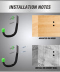 Installation diagram of Heavy Duty Garage Storage Hooks 6 Pack For Wall Mounting, Black Tubular Metal Utility Hangers on wood and cement.