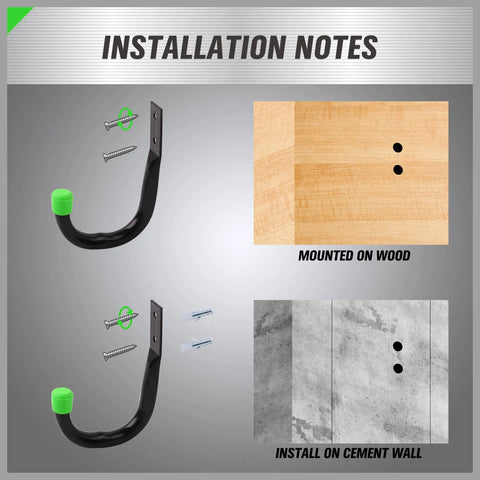 Installation diagram of Heavy Duty Garage Storage Hooks 6 Pack For Wall Mounting, Black Tubular Metal Utility Hangers on wood and cement.