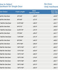 Chart displaying size options for sliding barn door hardware kits, including rail lengths and maximum door widths.