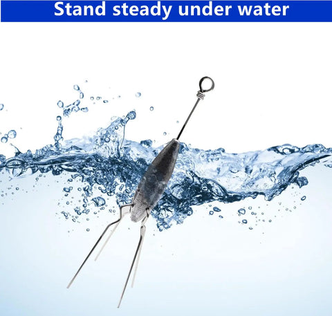 Five Piece Lead Long Tail Spider Sinker Set For Saltwater Surf Fishing Includes 4oz Weights For Beach And Catfish Aerodynamic Casting Long Tail Design For Maximum Distance Strong Hold On Sand And Rocks shown in water