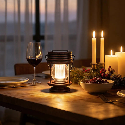Two Pack Solar Lanterns Outdoor Lighting For Patio And Garden on decorated table with retro warm glow, wine glass, and candles.