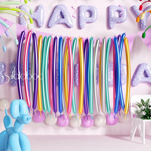 Metallic 260 Balloons Set, 100 Count Multicolor Latex Balloons For Birthday Parties, displayed with balloon dog decor