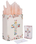 13 Inch Large Light Yellow Floral Gift Bag Set With Greeting Card And Tissue Paper For First Communions Baby Girl Baptisms Christenings And Religious Occasions One Piece showing floral cross design, greeting card, and tissue paper.