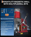 Portable magnetic drill press with adapter; red and gray metal body with drill chuck and handle