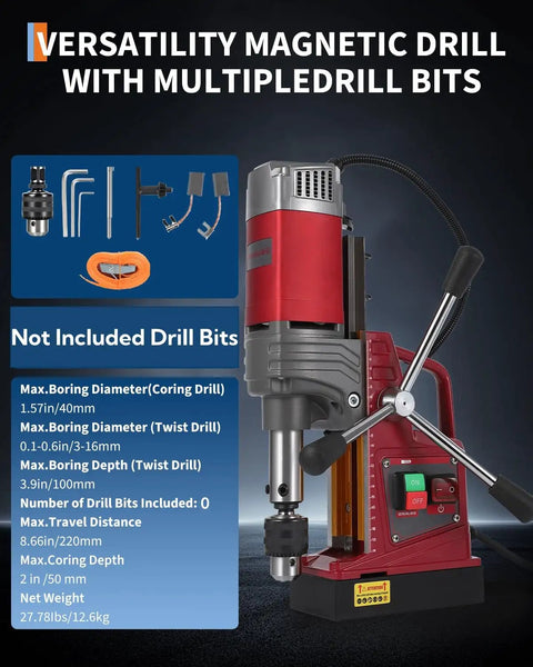 Garvee Mag Drill Press Kit With 1.57 Inch Capacity, Powerful 1450W Motor And 820 Rpm Speed For Industrial Metalworking, showing drill with accessories.