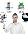 Man showing 4 Pack No Smoking Signs For Home And Business, Self Adhesive No Vaping Warning Signs, Rust Free Aluminum, and features like durability.